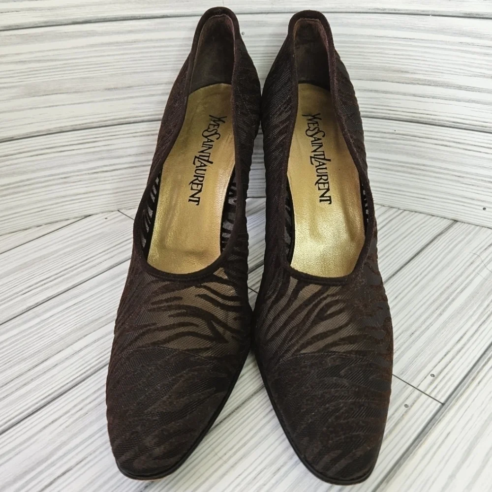 Vintage Yves Saint Laurent Velvet and Mesh Stripe Heeled Pumps in Brown Size 8.5 - Picture 2 of 9